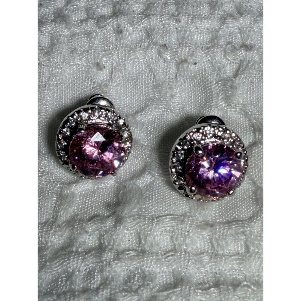 Vintage Pink Crystal Rhinestone Stud Earrings Silver Tone Faux Diamond 0.5"